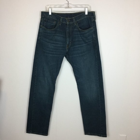 Levis 505 Mens Jeans 34x32 Regular Fit Straight Leg Dark Wash Blue Denim Casual - Picture 1 of 10